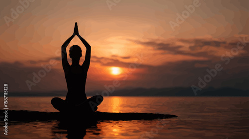  Silhouette of Caucasian Woman Practicing Yoga at the Seashore on White Background