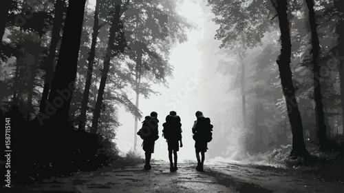 Silhouette of Boys with Backpacks Walking on Forest Road