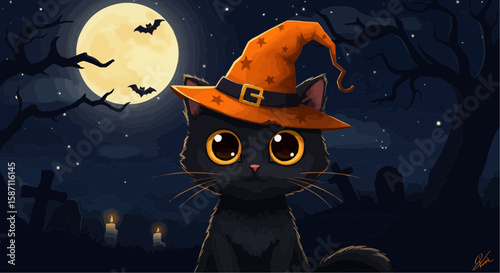 Cute Halloween Cat Illustration – Cartoon Witch Hat Cat Under Moonlight Vector