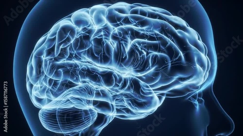 Detailed anatomical rendering of a human brain, showcasing its intricate network of neural pathways and lobes.