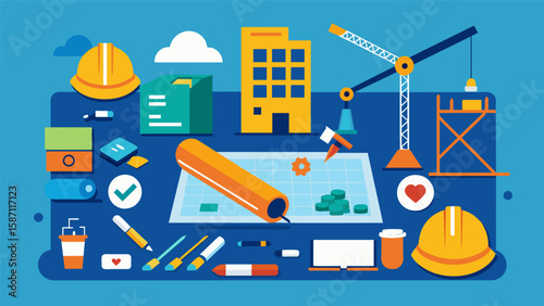 The blueprint sits on the table surrounded by various materials and tools as the builders plot out their next moves on the construction site.. Vector illustration