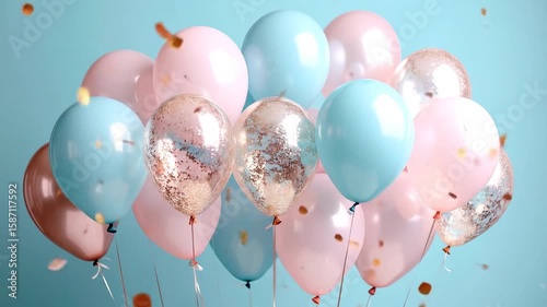 Pastel balloons in pink, blue, and gold with floating confetti, on a light blue backdrop, creating a celebratory vibe