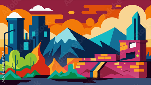 The urban landscape is transformed into a canvas of expression on this graffiti wall with abstract shapes and edgy designs splashed across its surface.