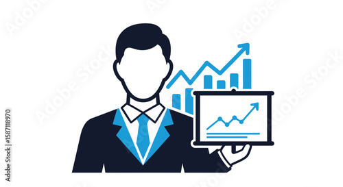 Illustration of a businessman presenting a positive financial growth chart on a screen, with an upward trending graph in the background.
