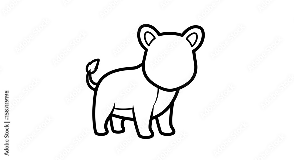 Fototapeta premium Simple black and white illustration of a cartoon lion cub standing, facing forward with a curved tail.