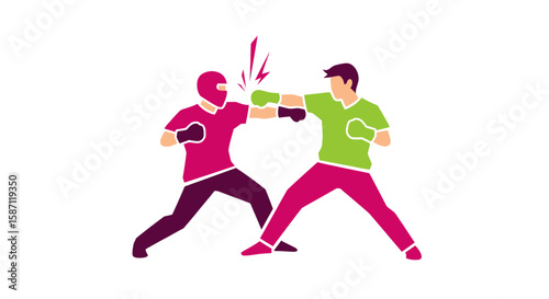 Two figures in boxing gloves engaged in a competitive boxing match.