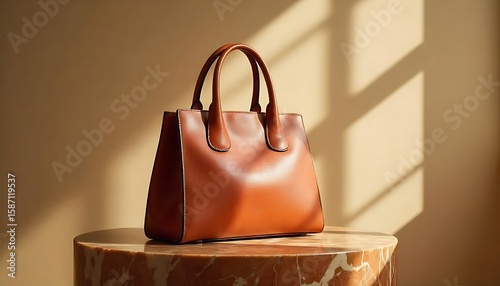 Elegant brown leather handbag displayed on a marble pedestal showcasing fashion and style with sunlit shadows on a neutral backdrop.
