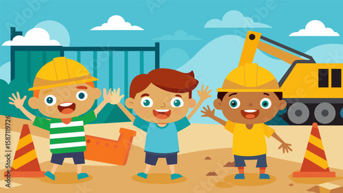 Curious toddlers pointing excitedly as bulldozers rumble across the construction site.. Vector illustration