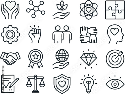 Core values as trust, integrity, environment, empowerment, strategy, morality and more editable stroke outline icons set isolated on white background flat vector illustration