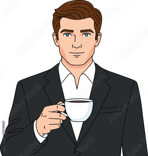 A stylized illustration of a man in a suit holding a cup of coffee.  He appears calm and professional.