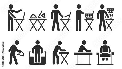 Pictogram Set Representing Different Actions Stick Figures Performing Tasks at Desks and Other Objects Silhouette Style Black and White Illustration