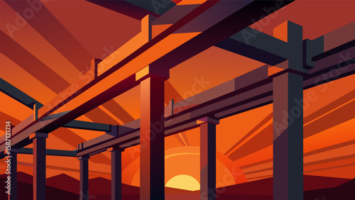 Metal beams and pipes glow with a reddishorange tint as they catch the final rays of sunlight before the sun disappears.. Vector illustration