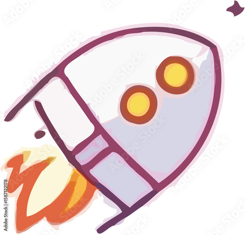 A whimsical hand-drawn rocket ship blasts off, leaving a fiery trail.