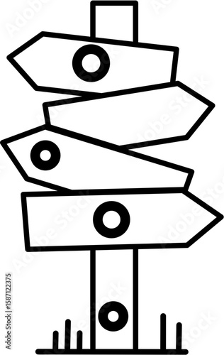 Simple black and white illustration of a multi-directional wooden signpost.