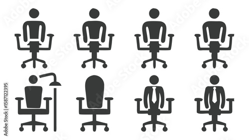 A Collection of Office Chair Icons Diverse Styles Depicting Seated Figures with Varied Designs and Workplace Themes