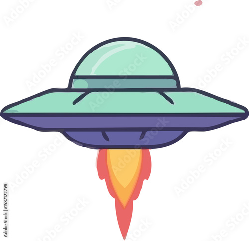 A stylized illustration of a flying saucer, propelled by a fiery jet, soaring through space.