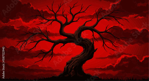 Creepy Tree Illustration – Red Spooky Forest Background for Halloween