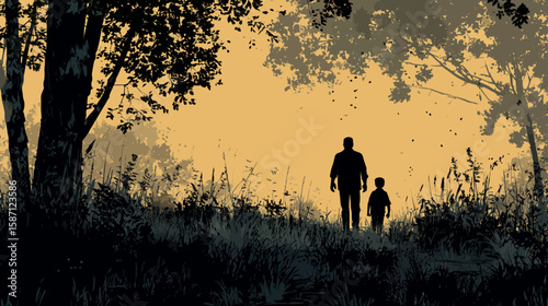 Father and Son Walking Together in Nature Silhouette