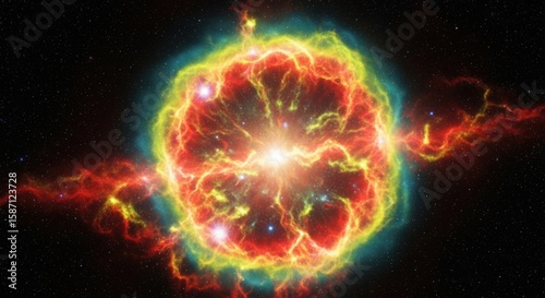 A stunning cosmic explosion radiates vibrant red, yellow, and green energy waves in deep space, resembling a supernova or nebula against a star-filled black sky.
