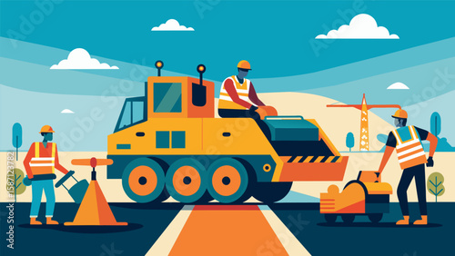Despite the intense heat the operators of the paving machine work with precision and focus determined to create a perfectly smooth road for future. Vector illustration