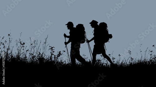 Happy Senior Couple Hiking with Trekking Sticks and Backpacks Silhouette 