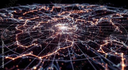 A futuristic digital map displays a glowing network of global connections, with radiant nodes and radial lines converging at a bright central hub, symbolizing data flow and connectivity.