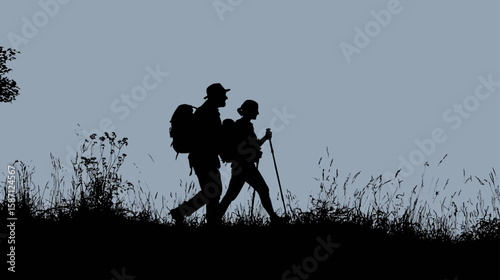 Happy Senior Couple Hiking with Trekking Sticks and Backpacks Silhouette 