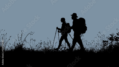 Happy Senior Couple Hiking with Trekking Sticks and Backpacks Silhouette 