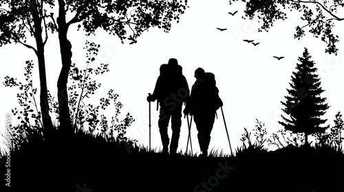 Happy Senior Couple Hiking with Trekking Sticks and Backpacks Silhouette 