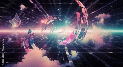 A surreal digital vortex spirals through a cosmic grid, with glowing data shards and clouds drifting in a neon-lit sky, symbolizing futuristic travel and information flow.