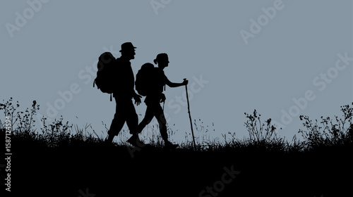 Happy Senior Couple Hiking with Trekking Sticks and Backpacks Silhouette 