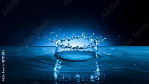 Raindrops fall onto a surface, creating ripples and splashes against a gradient blue backdrop. Scattered droplets