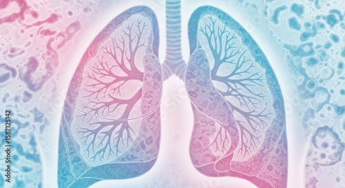 A stylized digital illustration of human lungs, with branching airways and soft blue-pink gradients, blending anatomical detail with an abstract, cellular background.