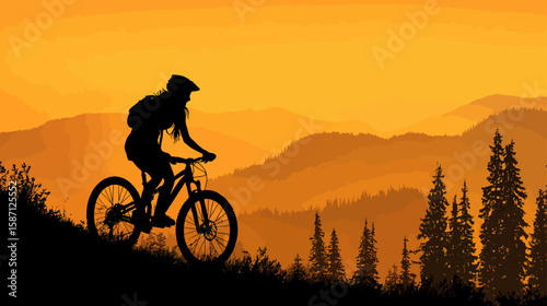 Silhouette of a Woman Mountain Biking in Summer