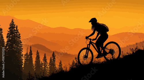 Silhouette of a Woman Mountain Biking in Summer