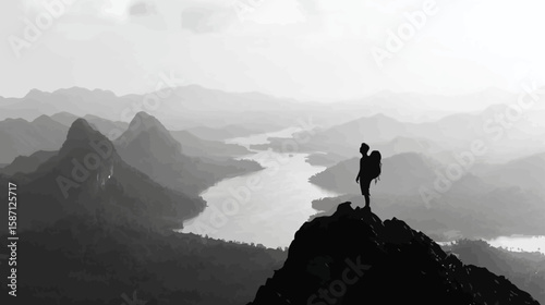 Silhouette of Adventurous Man Standing on Island Peak – Outdoor Travel Joy