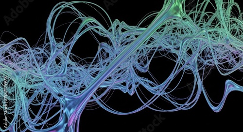 Tangled neon-like strands twist and weave through a black void, resembling an abstract neural network or digital nerve system glowing in soft blues, purples, and greens.
