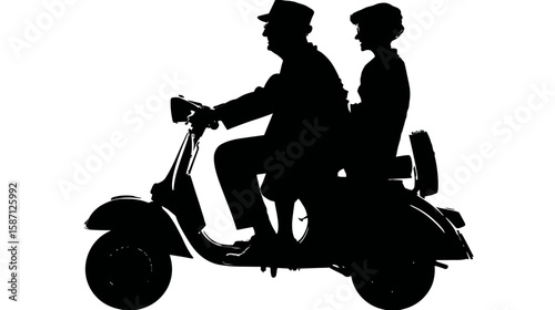 Senior Couple Riding a Classic Scooter Silhouette 