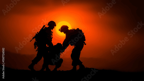 Silhouette of Two Soldiers Helping a Wounded Comrade – Military Support Scene 