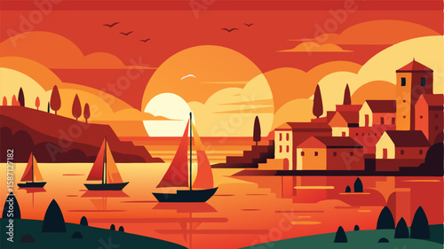 The sun sets in a fiery blaze over a horizon dotted with sailboats and fishing vessels in this idyllic coastal town where peace and tranquility are as abundant as the fresh