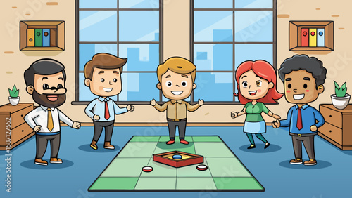 Diverse group of cartoon colleagues happily playing a board game in an office setting