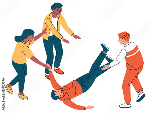Diverse group of people helping each other in a cooperative effort