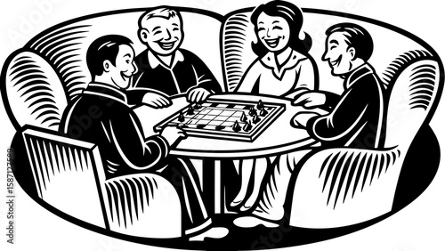 Four smiling people playing chess together around a round table