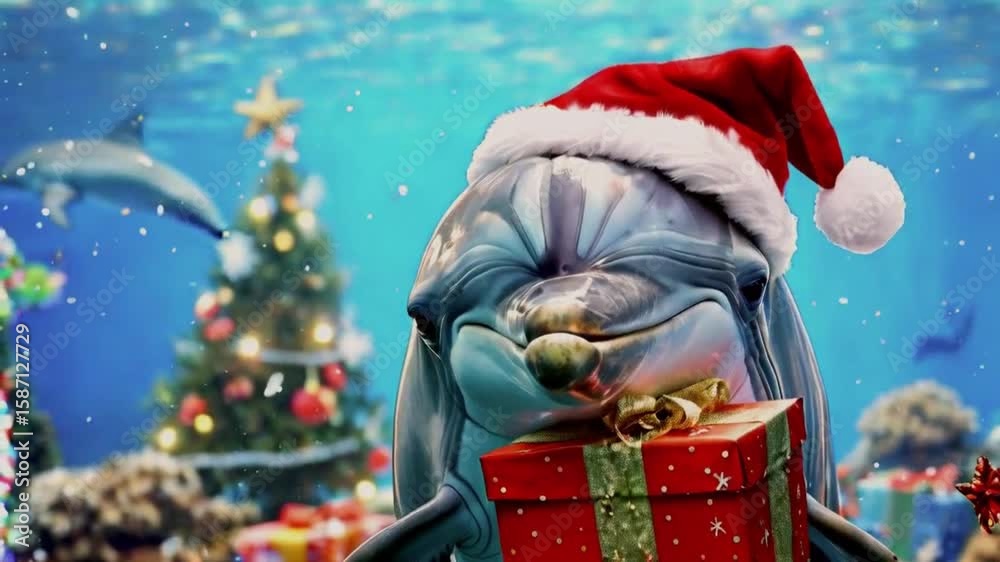 A happy dolphin wearing a Santa hat, holding a Christmas gift box in its mouth, with an underwater festive scene..