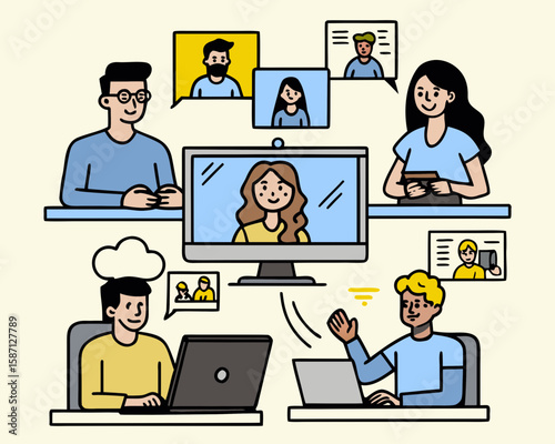 Diverse group of people communicating and collaborating remotely using technology