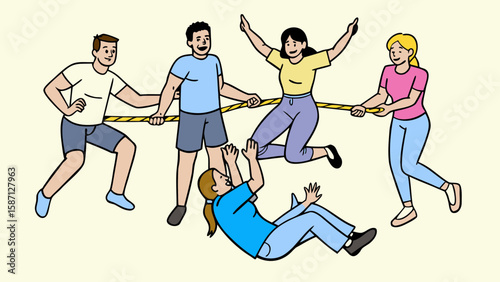 Diverse group of people playing tug of war with one person falling down