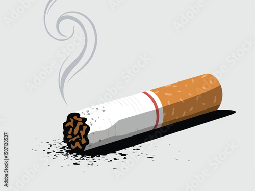 A Vector representation of a cigarette butt illustration, symbolizing danger and health risks with smoke