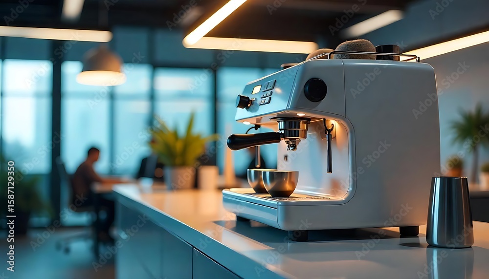 Espresso machine stands ready in a modern office kitchen, promising a boost of caffeine for employees Espresso machine stands ready in a modern office kitchen, promising a boost of caffeine for employees