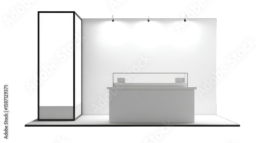 White exhibition stand possesses a counter, banner, lights, and rear wall on a transparent backdrop.

