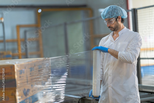 Fotografie A worker in a food packaging factory wraps boxes with plastic film